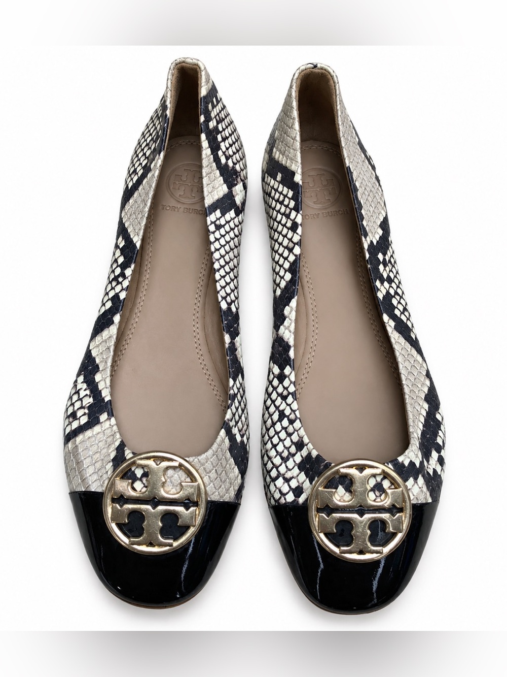 Tory Burch Snakeskin Print Ballet Flats Black White Gold Logo Women’s Size 8M